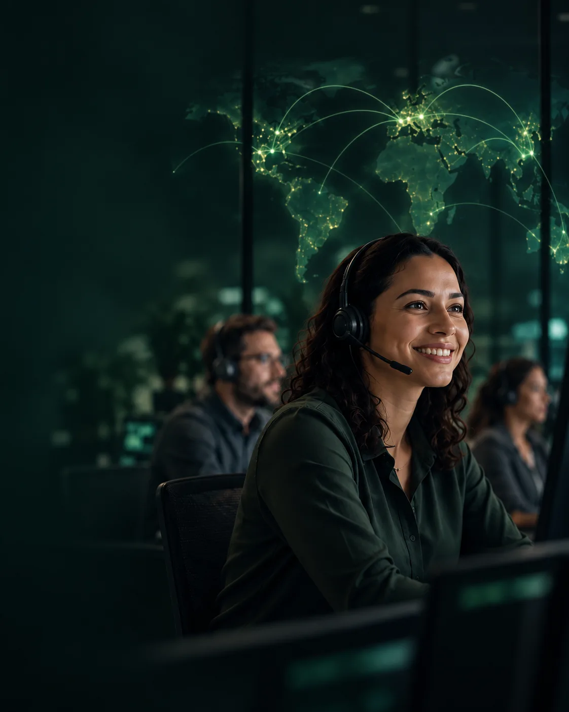 Professional wearing a headset at a workstation.