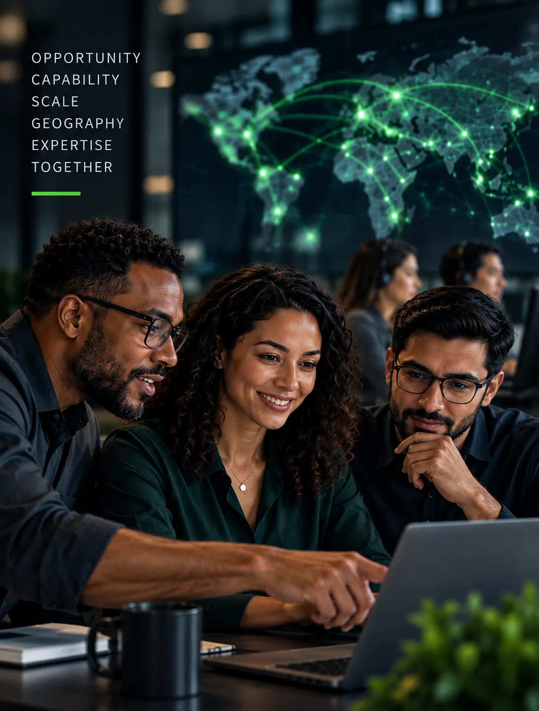 Three colleagues collaborating at a laptop.